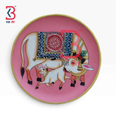 KB ART 12 Inch Handcrafted Wooden Wall Plate Pichwai Kamdhenu Cow Calf Pink Field Wall Decor