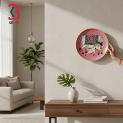 KB ART 12 Inch Handcrafted Wooden Wall Plate Pichwai Kamdhenu Cow Calf Pink Field Wall Decor