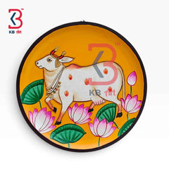 KB ART 12 Inch Handcrafted Wooden Wall Plate Pichwai Sacred Cow Pink Lotuses Mustard Yellow Wall Decor