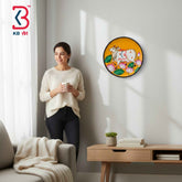 KB ART 12 Inch Handcrafted Wooden Wall Plate Pichwai Sacred Cow Pink Lotuses Mustard Yellow Wall Decor