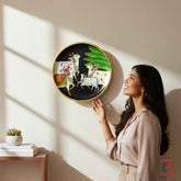 KB ART 12 Inch Handcrafted Wooden Wall Plate Pichwai Kamdhenu Cows Calves Banana Leaves Black Wall Decor