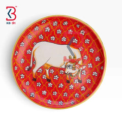 KB ART 12 Inch Handcrafted Wooden Wall Plate Pichwai Sacred Cow White Lotus Crimson Red Wall Decor