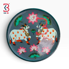 KB ART Artisan painted wood sacred cow pichwai wall plate – styled home decor lifestyle view