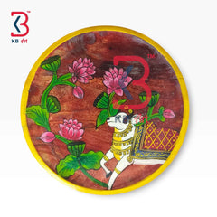 KB ART 12 Inch Handcrafted Wooden Wall Plate Pichwai Sacred Cow Lotus Pond Distressed Redwood Wall Decor