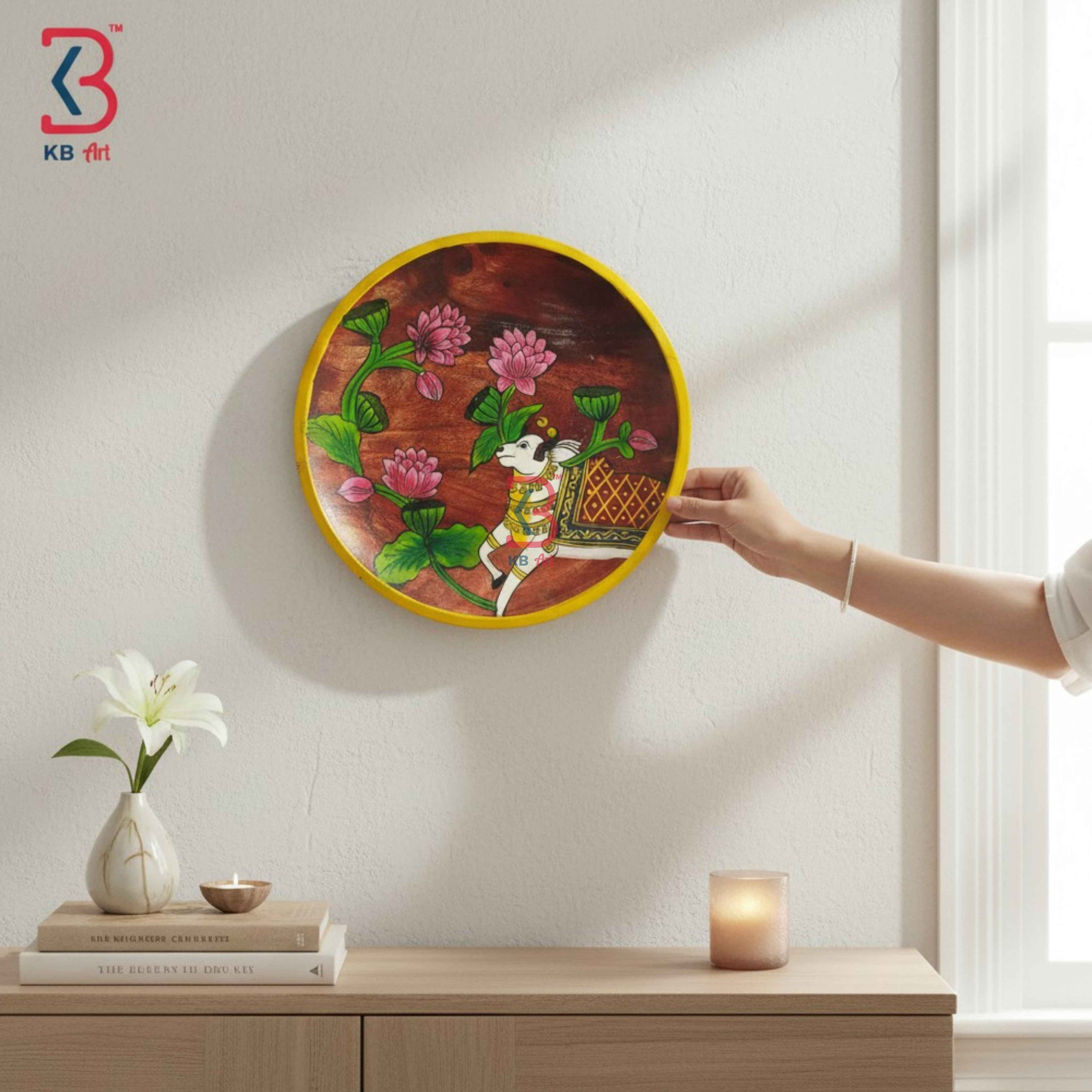 KB ART 12 Inch Handcrafted Wooden Wall Plate Pichwai Sacred Cow Lotus Pond Distressed Redwood Wall Decor