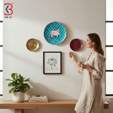 KB ART 12 Inch Handcrafted Wooden Wall Plate Pichwai Sacred Cow Turquoise Quatrefoil Jali Wall Decor
