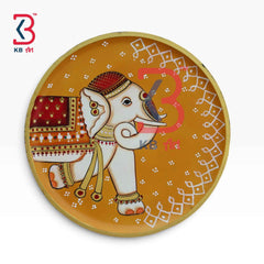 KB ART 12 Inch Handcrafted Wooden Wall Plate Pichwai Ceremonial Elephant Kolam Mustard Yellow Wall Decor