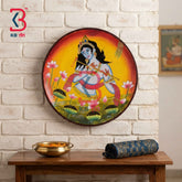 KB ART 12 Inch Handcrafted Wooden Wall Plate Pichwai Lord Krishna Flute Sunset Orange Wall Decor