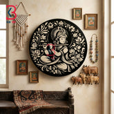 KB ART 12 Inch Handcrafted Wooden Wall Plate Pichwai Lord Krishna Flute Lotus Mandala Black Wall Decor