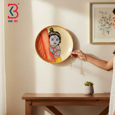 KB ART 12 Inch Handcrafted Wooden Wall Plate Pichwai Baby Krishna Curtain Antique Cream Wall Decor