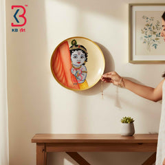 KB ART 12 Inch Handcrafted Wooden Wall Plate Pichwai Baby Krishna Curtain Antique Cream Wall Decor