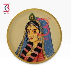 KB ART 12 Inch Handcrafted Wooden Wall Plate Pichwai Radha Rani Portrait Blue Veil Wall Decor