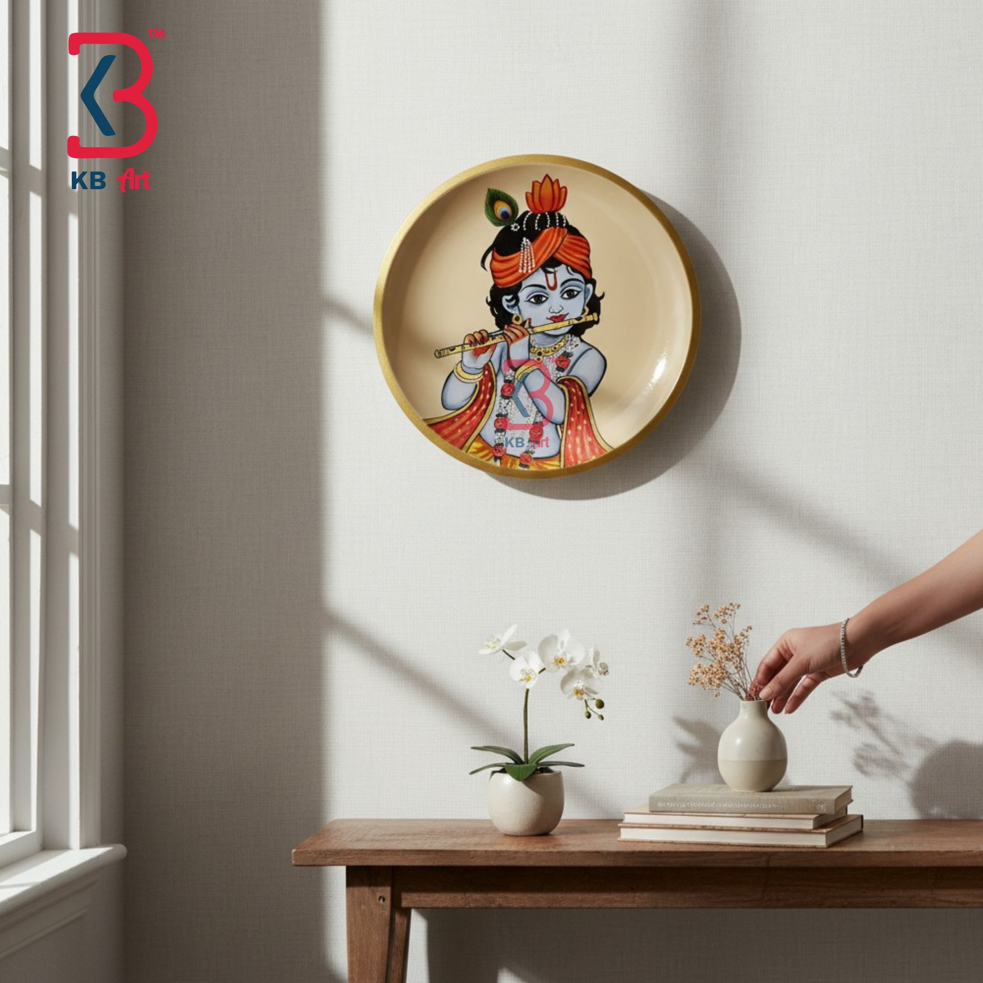KB ART Royal rajasthani 12 inch wood bal krishna god pichwai plate wall hanging – original product photo on white background