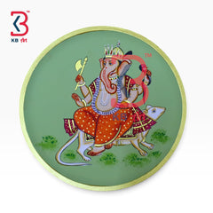 KB ART Traditional rajasthani art painted wood lord ganeshji with mushak pichwai plate – styled home decor lifestyle view