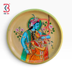 KB ART Artisan crafted wooden round radha krishna pichwai plate decor – styled home decor lifestyle view