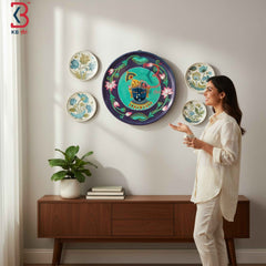 KB ART 12 Inch Handcrafted Wooden Wall Plate Pichwai Shrinathji Swaroop Purple Teal Lotus Wall Decor