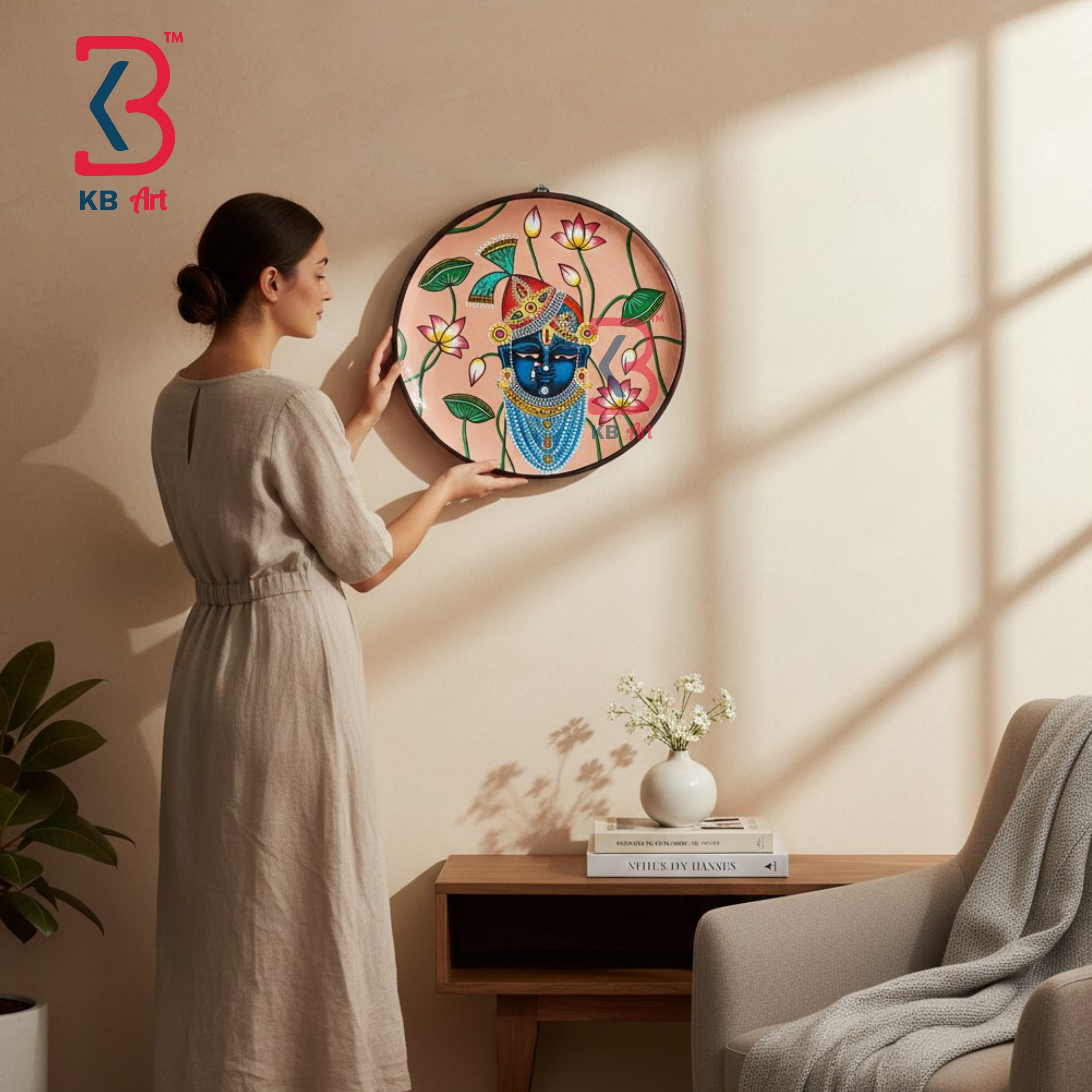 KB ART Ethnic carved wooden 12 inch shrinathji pichwai plate hanging – original product photo on white background