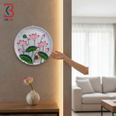 KB ART 12 Inch Handcrafted Wooden Wall Plate Pichwai Blooming Lotus Pond Antique White Wall Decor