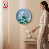 KB ART 12 Inch Handcrafted Wooden Wall Plate Pichwai Blooming Lotus Pond Sky Blue Wall Decor