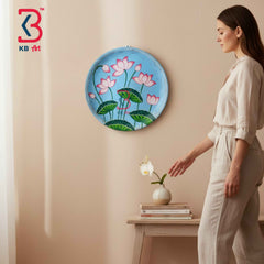 KB ART 12 Inch Handcrafted Wooden Wall Plate Pichwai Blooming Lotus Pond Sky Blue Wall Decor