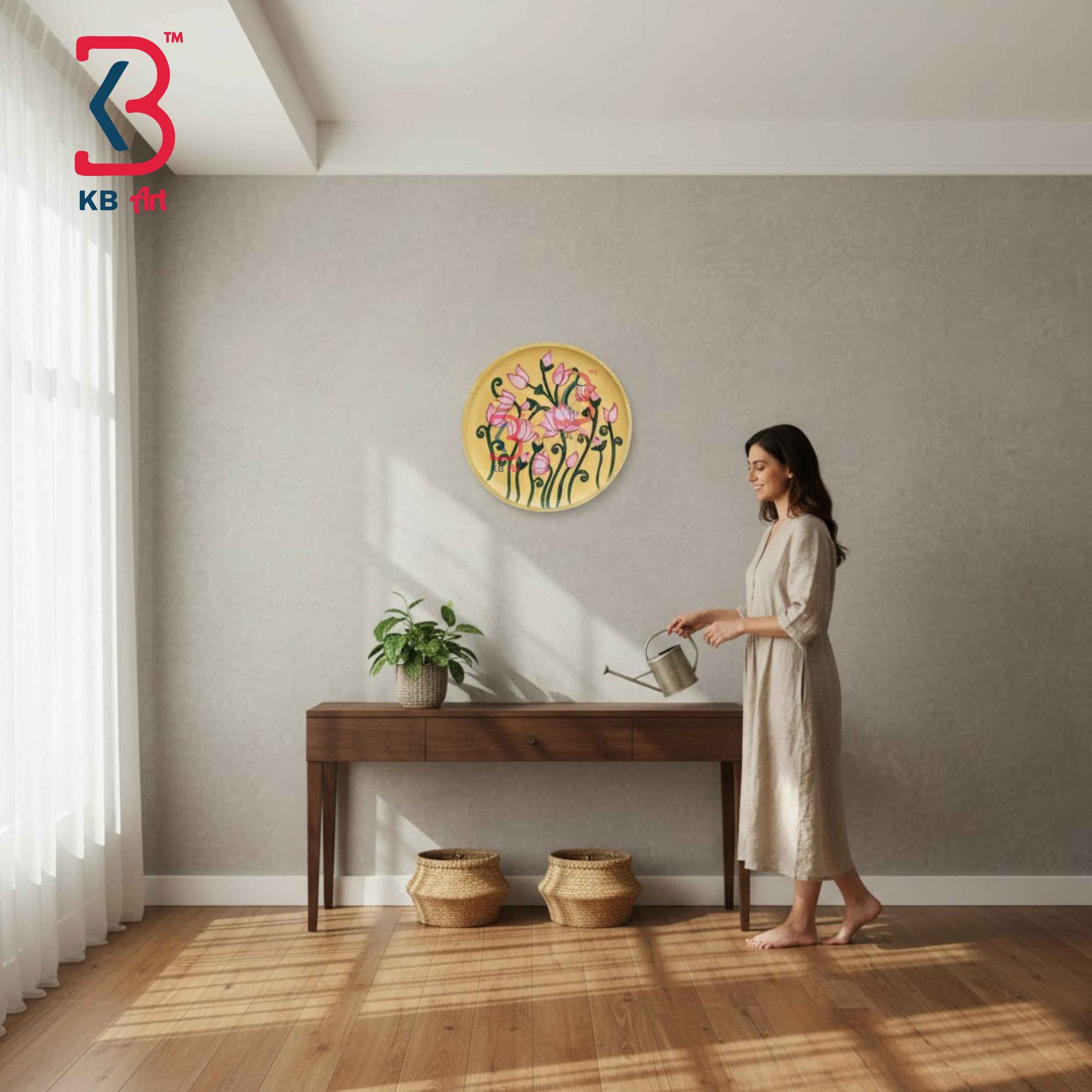KB ART 12 Inch Handcrafted Wooden Wall Plate Pichwai Blooming Lotus Garden Mustard Yellow Wall Decor