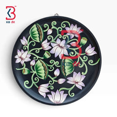 KB ART 12 Inch Handcrafted Wooden Wall Plate Pichwai Blooming White Lotus Pond Black Wall Decor