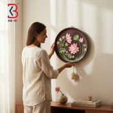 KB ART 12 Inch Handcrafted Wooden Wall Plate Pichwai Blooming Lotus Pond Distressed Maroon Wall Decor