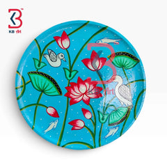 KB ART 12 Inch Handcrafted Wooden Wall Plate Pichwai Lotus Pond Ducks Fish Turquoise Wall Decor