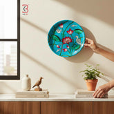 KB ART 12 Inch Handcrafted Wooden Wall Plate Pichwai Lotus Pond Ducks Fish Turquoise Wall Decor