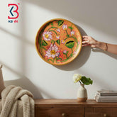KB ART 12 Inch Handcrafted Wooden Wall Plate Pichwai Blooming Lotus Pond Terracotta Peach Gold Wall Decor