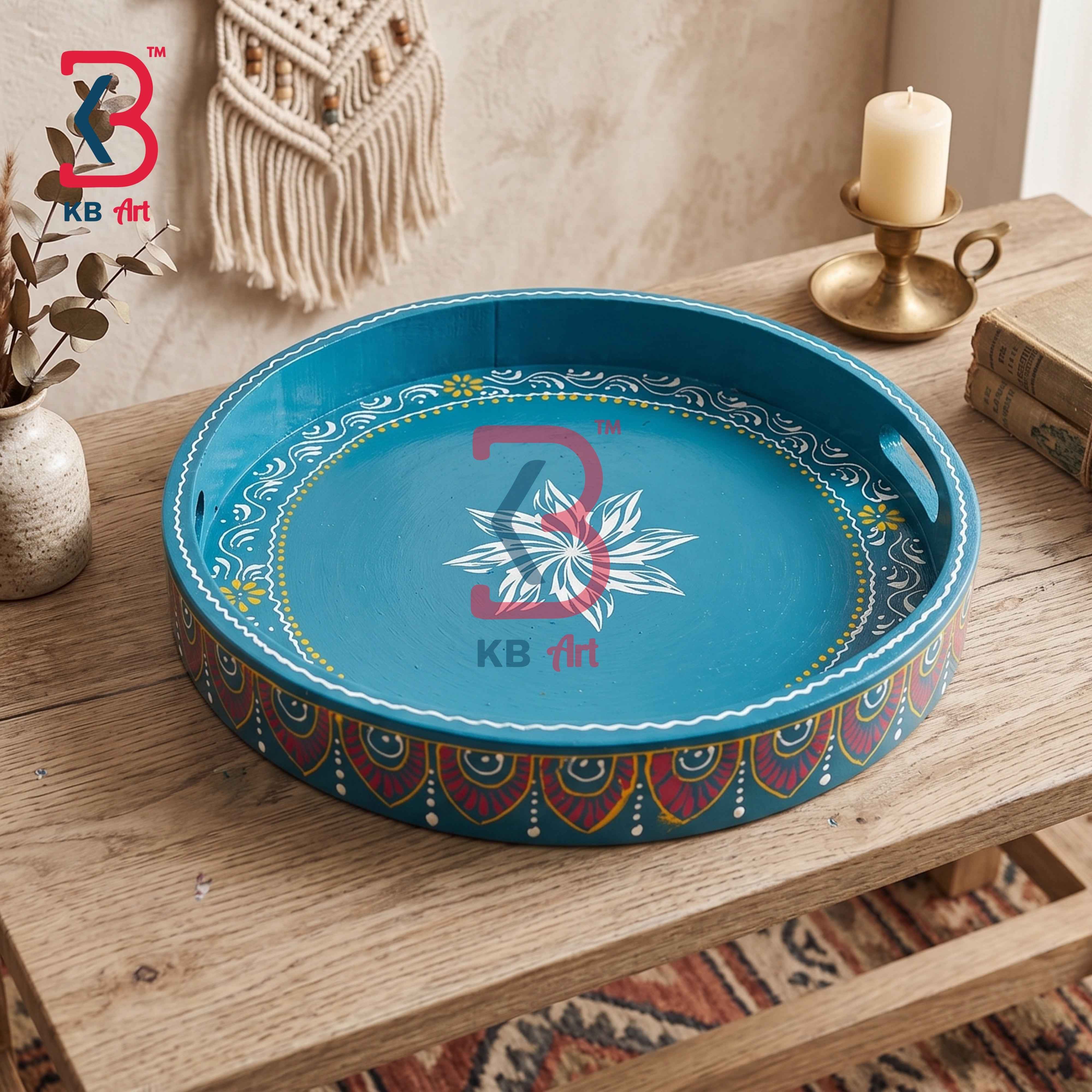 KB ART Ethnic Handcrafted Round Wooden Serving Tray Traditional Hand Painted Circular Breakfast Platter Centerpiece Dining Table Decor Tableware Tray
