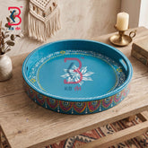 KB ART Ethnic Handcrafted Round Wooden Serving Tray Traditional Hand Painted Circular Breakfast Platter Centerpiece Dining Table Decor Tableware Tray