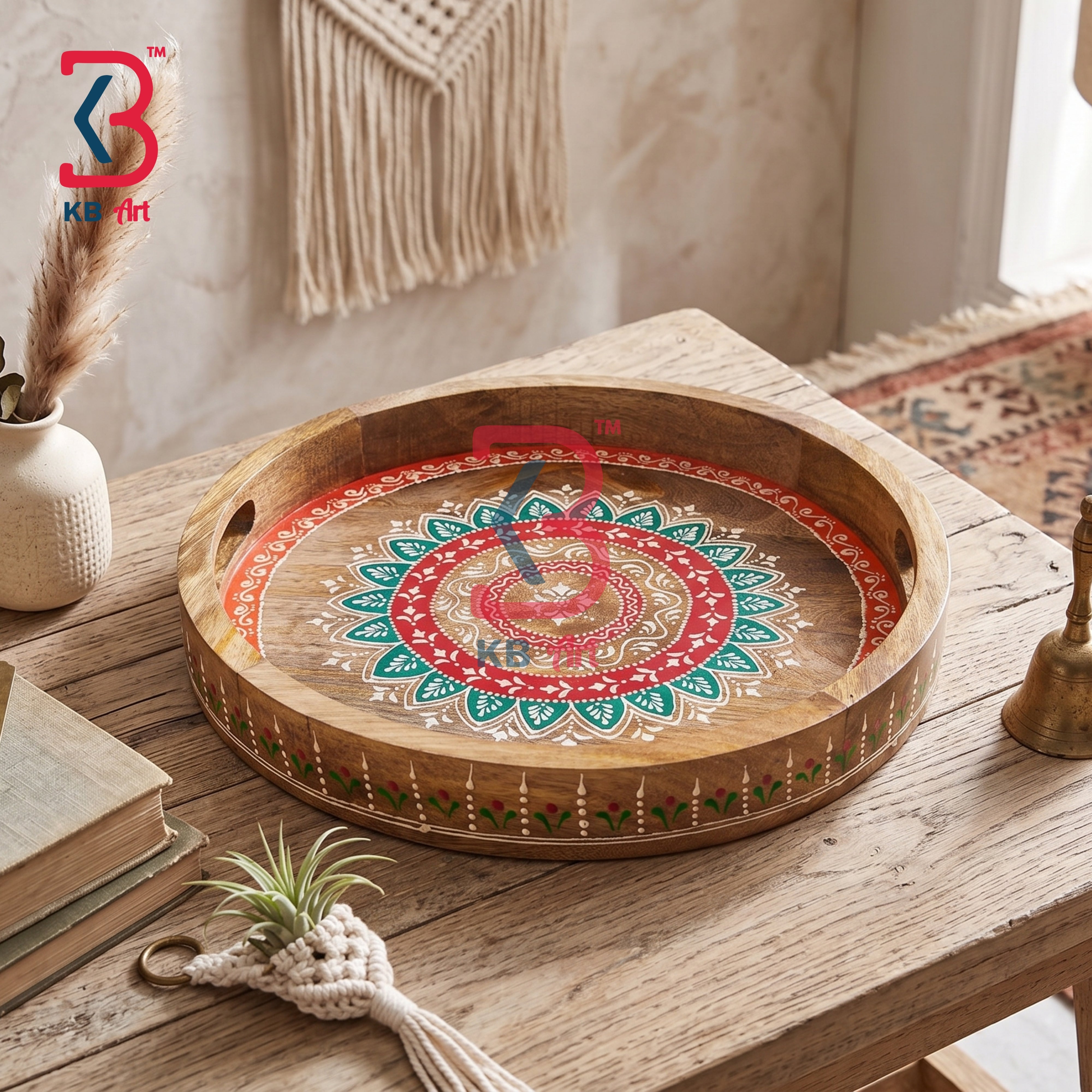 KB ART Decorative Hand Painted Floral Wooden Round Tray | Styled Home Decor Shot KB-5750-B