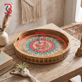 KB ART Decorative Hand Painted Floral Wooden Round Tray | Styled Home Decor Shot KB-5750-B