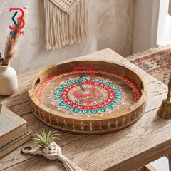 KB ART Decorative Hand Painted Floral Wooden Round Tray | Styled Home Decor Shot KB-5750-B
