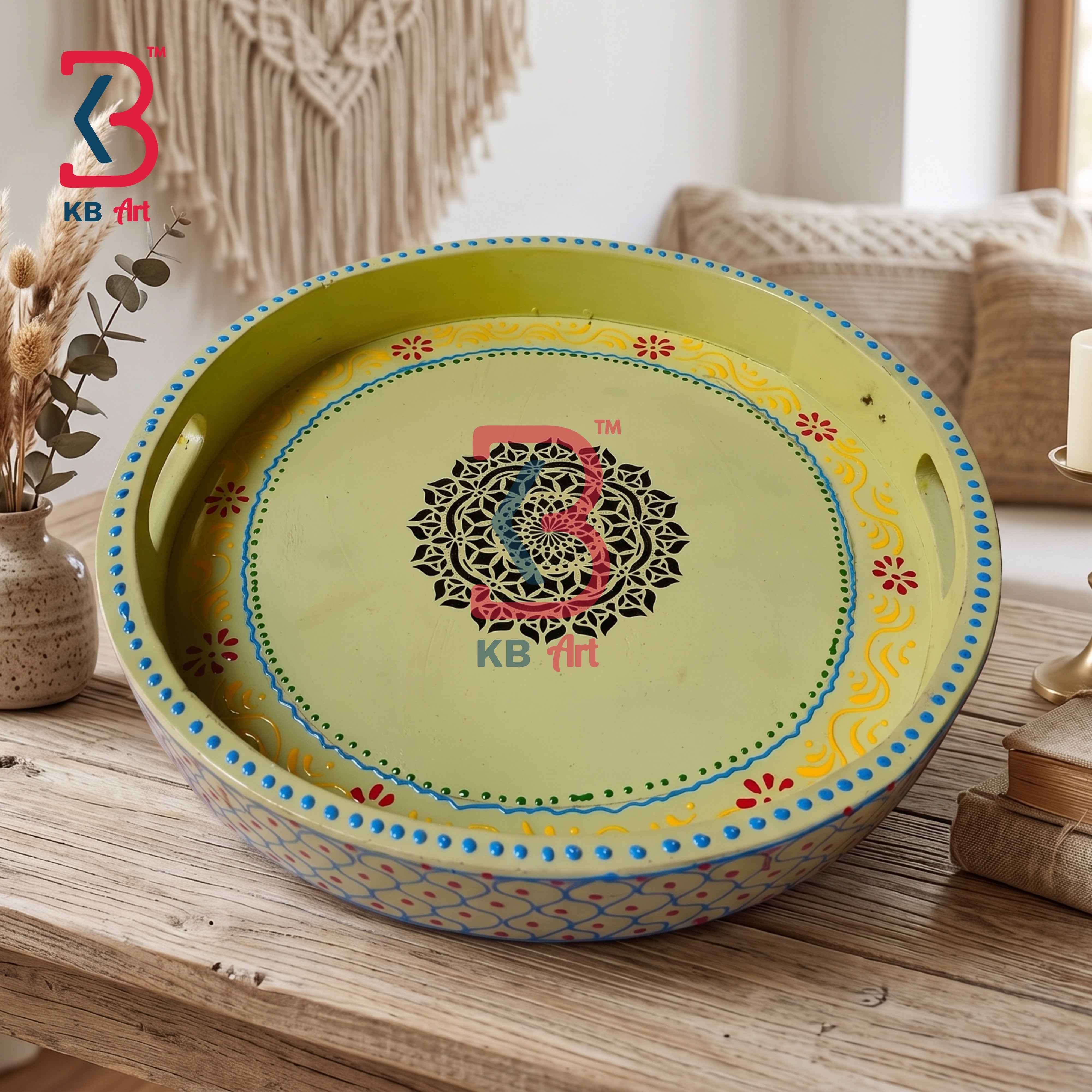 KB ART Ethnic Handcrafted Round Wooden Serving Tray Traditional Hand Painted Circular Breakfast Platter Centerpiece Dining Table Decor Tableware Tray