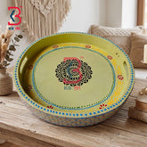 KB ART Ethnic Handcrafted Round Wooden Serving Tray Traditional Hand Painted Circular Breakfast Platter Centerpiece Dining Table Decor Tableware Tray