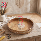 KB ART Ethnic Handcrafted Round Wooden Serving Tray Traditional Hand Painted Circular Breakfast Platter Centerpiece Dining Table Decor Tableware Tray