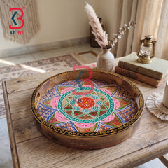 KB ART Ethnic Handcrafted Round Wooden Serving Tray | Original Product Photo KB-5759-B