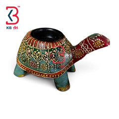 KB ART Hand-Painted Wooden Turtle Tealight Candle Holder Rajasthani Tortoise Diya Stand
