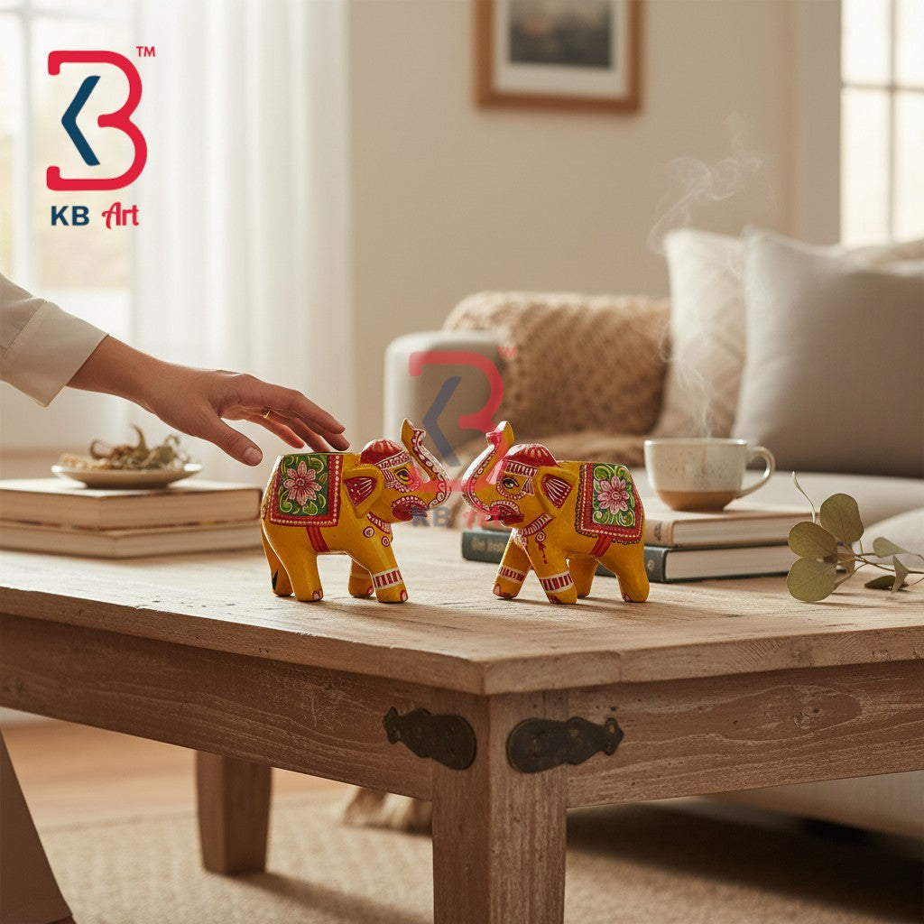 Two small decorative elephant figurines with yellow bodies and colorful floral saddles are placed on a wooden coffee table in a living room. A person's hand reaches toward one elephant, and books, a cup, and a sofa are visible in the background.