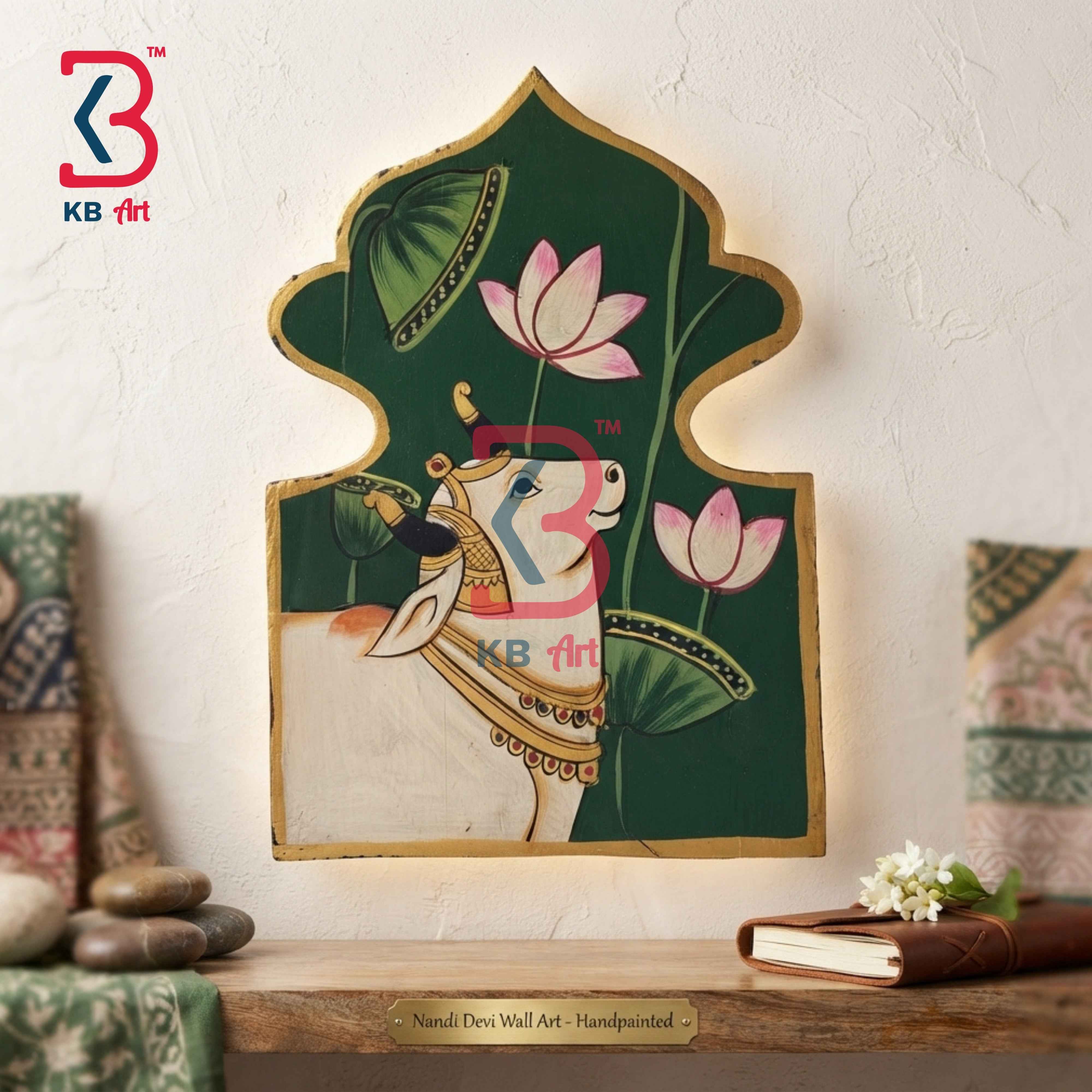 KB ART Handcrafted Wooden Jharokha Wall Panel Pichwai Kamdhenu Cow Lotus Emerald Green Arch