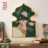KB ART Handcrafted Wooden Jharokha Wall Panel Pichwai Kamdhenu Cow Lotus Emerald Green Arch