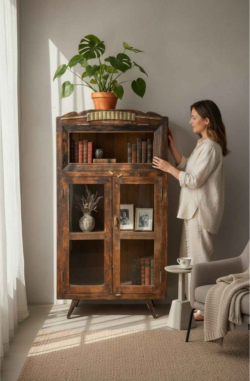 Handcrafted Wooden Antique Almirah in Solid Wood - Authentic India Antique Furniture, Individually Restored by Jodhpur Craftsmen