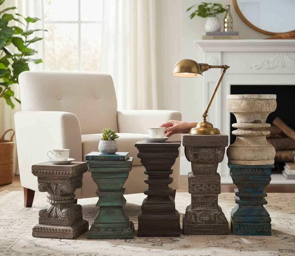 KB ART Antique Carved Pillar – Handcrafted Rajasthani Carved Pillar for Home Decor Styling | Artisan Wood Furniture