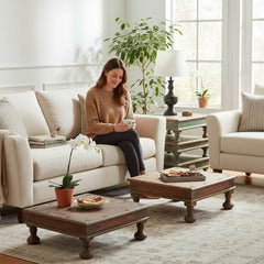 A woman sits on a cream sofa in a bright living room, holding a mug. The room features a matching cream armchair, two dark wood coffee tables, a patterned area rug, and a potted plant on a side table.