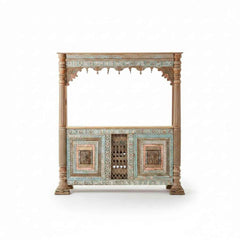 KB ART Hand-Painted Wooden Antique Bar Table with Jali Grille – Handcrafted Boho Jodhpur Home Decor
