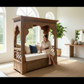 KB ART Hand-Carved Wooden Canopy Sofa with Quatrefoil Arches – Handcrafted Boho Jodhpur Home Decor