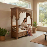 KB ART Hand-Carved Wooden Canopy Sofa with Floral Pediment – Handcrafted Boho Jodhpur Home Decor