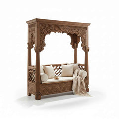 KB ART Hand-Carved Wooden Canopy Sofa - Styled Lounge Set – Handcrafted Boho Jodhpur Home Decor